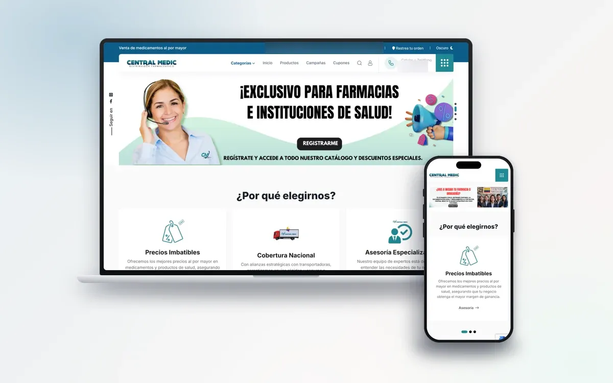 Sitio de Central Medic en escritorio y móvil