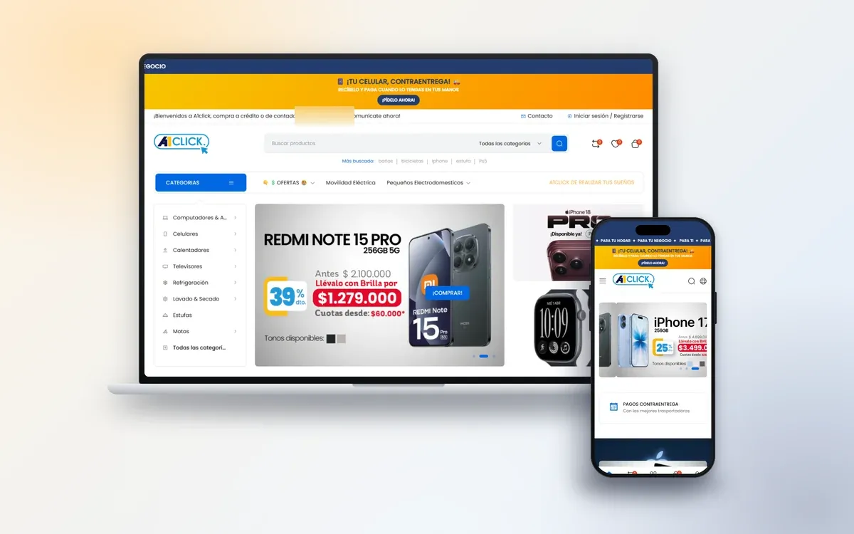 Sitio de A1click en escritorio y móvil
